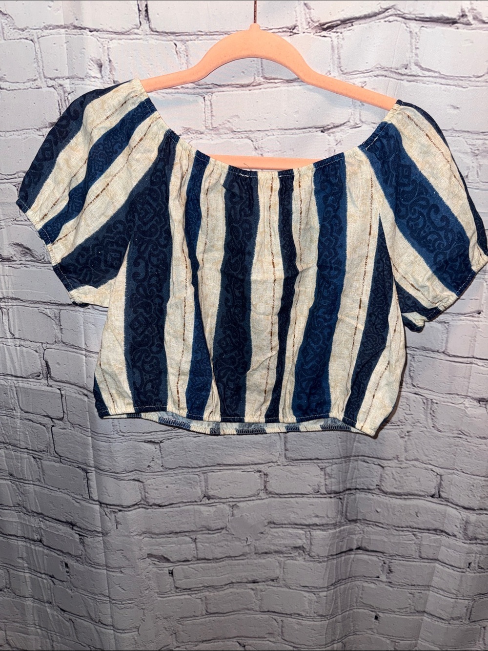 Striped Navy and Cream Off-Shoulder Crop Top - Picture 8 of 8
